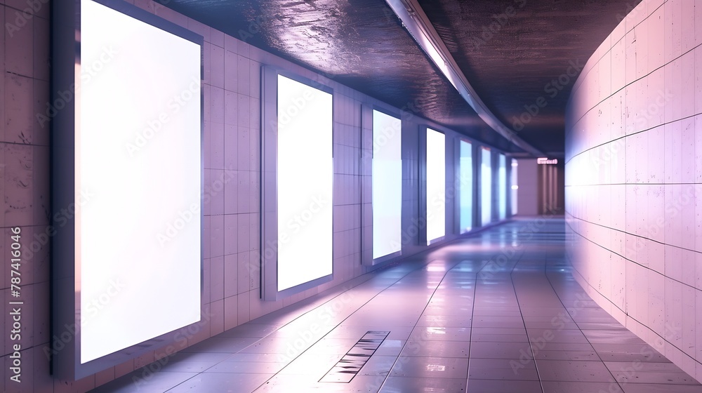 Poster 2 blank vertical advertising banners posters mockup in underground tunnel walkway outofhome ooh medi