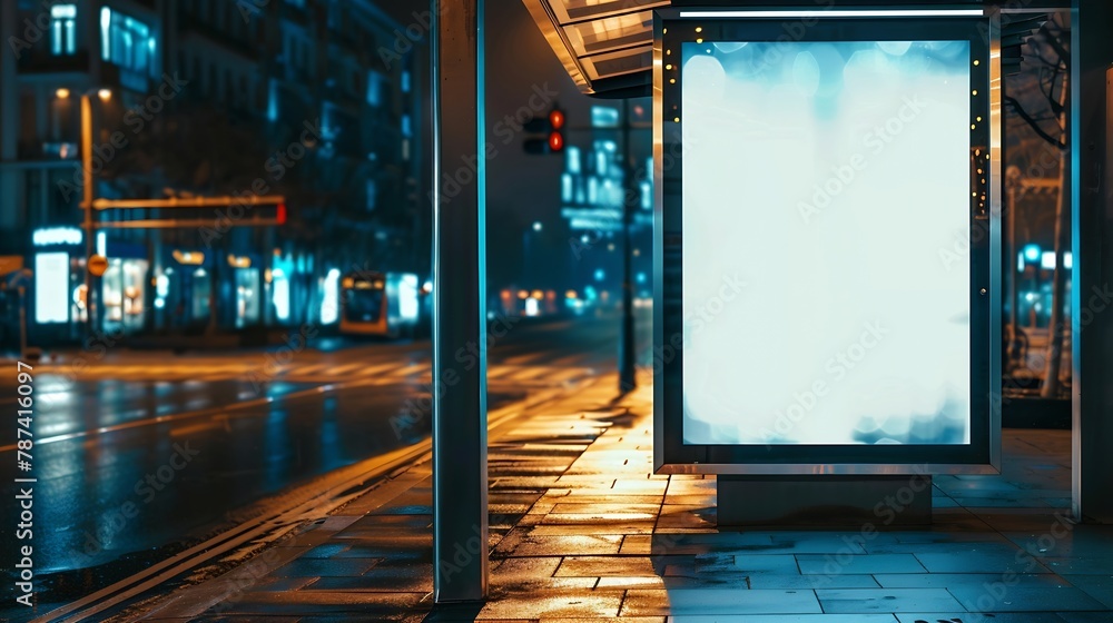 Poster vertical advertising poster mockup at empty bus stop shelter by main road outofhome ooh 6 sheet bill