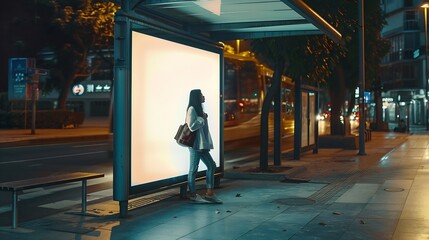 Outdoor advertising abri or billboard at bus stop with girl waiting for bus : Generative AI