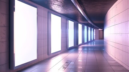 2 blank vertical advertising banners posters mockup in underground tunnel walkway outofhome OOH...