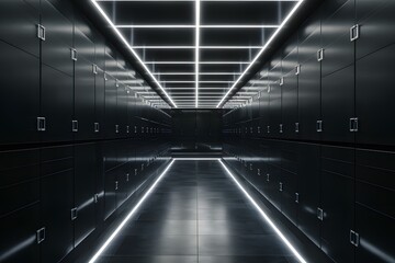 Empty lockers in futuristic corridor with illuminated ceiling - obrazy, fototapety, plakaty