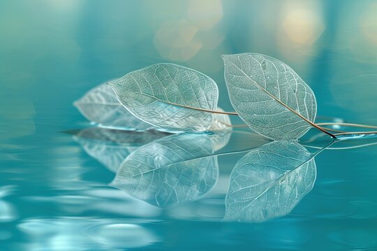 Beautiful transparent skeleton leaves with reflection on turquoise background, macro photography.