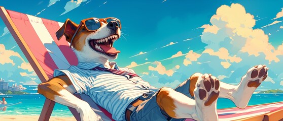 A dog wearing sunglasses is lying on the deck chair at the beach, enjoying its summer vacation while sunbathing and relaxing with a blue sky background. 