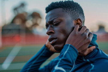 Sportsman focusing on the cervical spine region, holding his head and neck