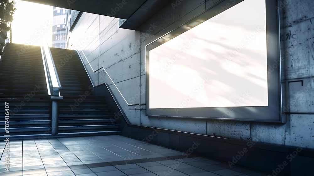 Poster Horizontal mock up of blank advertising billboard poster template next to a flight of stairs outofhome OOH media display space mockup in pedestrian underpass digital display in train s : Generative AI