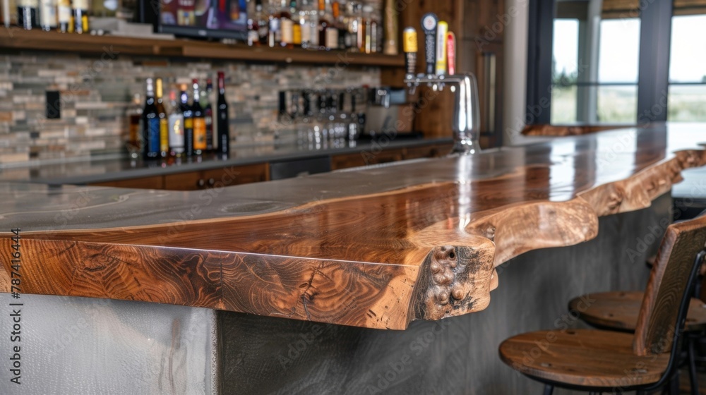 Poster the bar area of a bat rec room features a concrete countertop with a live edge wooden bar top attach