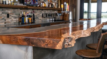 The bar area of a bat rec room features a concrete countertop with a live edge wooden bar top attached to it. This combination of raw natural elements with the sleekness of the concrete .