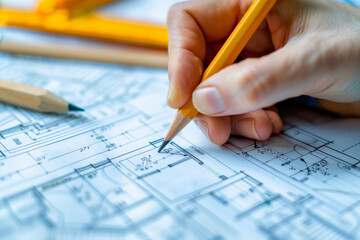 Professional sketching a residential blueprint using a carpentry pencil