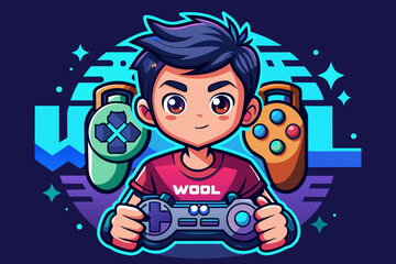 a captivating t-shirt design that's sure to turn heads! Featuring stunning typography and beautiful stickers, this design showcases a boy holding a gamepad amidst a backdrop of intricate game console
