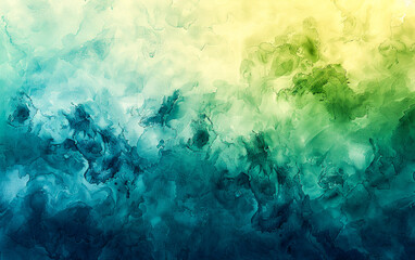 Abstract watercolor painting with a gradient teal color scheme, merging blue and green shades, and a stained paper texture for background - obrazy, fototapety, plakaty