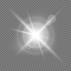 A sparkling and shining star, a bright flash of lights with radiation. A bright, sparkling white element with highlights and rays on a transparent background. Vector EPS 10.