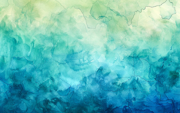 Abstract watercolor painting with a gradient teal color scheme, merging blue and green shades, and a stained paper texture for background