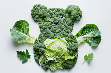 a studio shot of a smiling happy Bear shape made from cabbage leaves, made of, dark green and light green color schemestunning product shot isolated on clean soft white background - obrazy, fototapety, plakaty