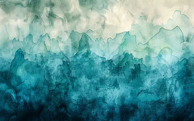 Foto op Canvas Abstract watercolor painting with a gradient teal color scheme, merging blue and green shades, and a stained paper texture for background © sanjit536