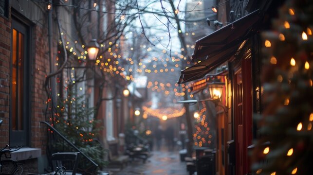 Muted buildings and blurred carriages blur into the background as laughter and cozy chatter take center stage in the urban retreat coing guests in a peaceful respite. .