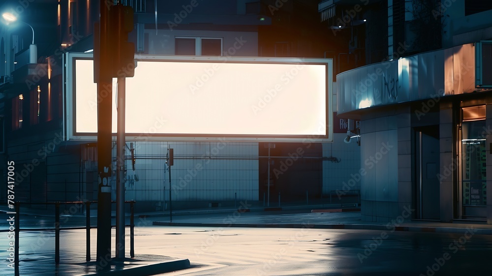 Poster advertising empty long white billboard with space for mockup information at urban street front view 