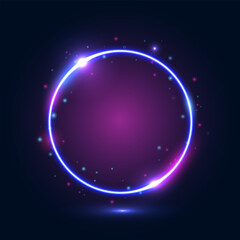 Neon round blue frame with highlights on a dark blue-purple background. Abstract futuristic neon background. Vector EPS 10.