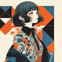 A girl with short brown hair, wearing an oversized jacket and floral shirt. The background is geometric shapes in orange and black colors. 