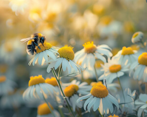 ai generated bee sitting on a chamomile early in the morning