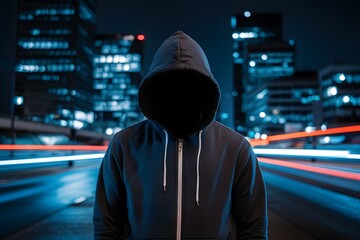 Faceless thief in hoodie standing at night in front of city