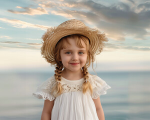 ai generated happy toddler girl standing near the sea
