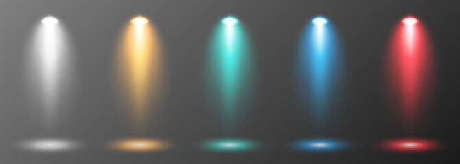 A set of five colored spotlights, lighting the stage with the light of lighting fixtures on a gray gradient background. Bright lighting with floodlights. Vector light sources. The light from the