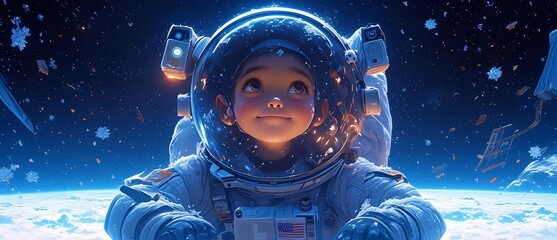 A happy black child in an astronaut suit floating with snowflakes against a space background