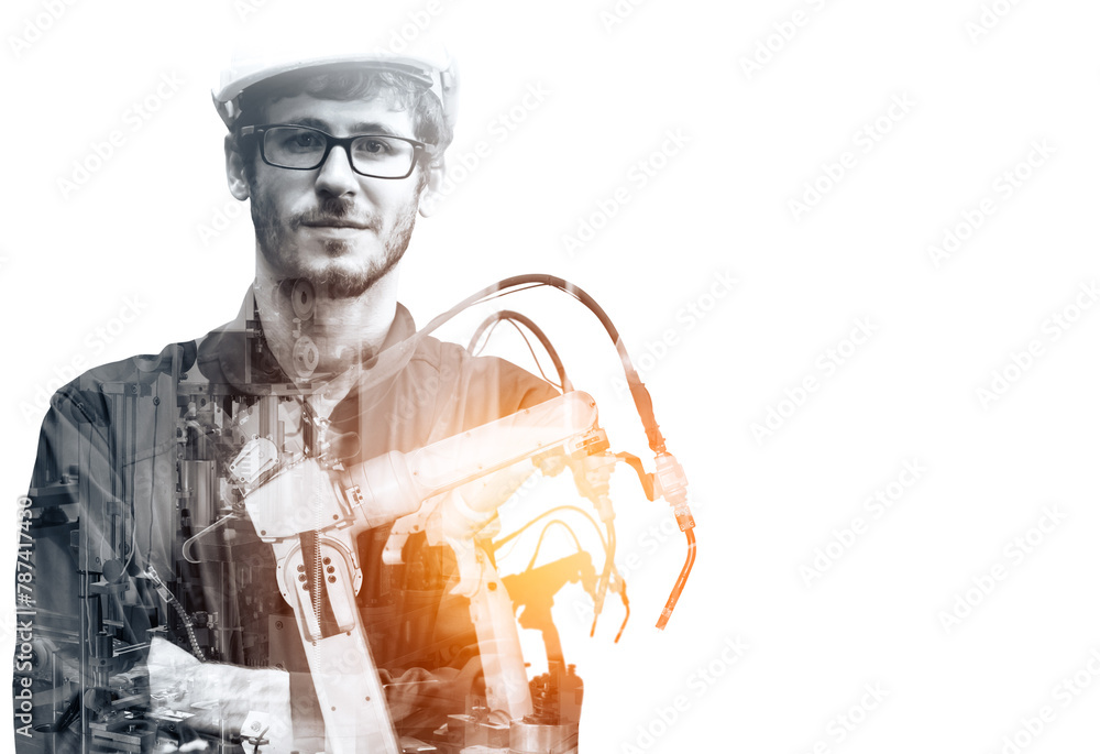 Poster xai mechanized industry robot arm and factory worker double exposure. concept of robotics technology