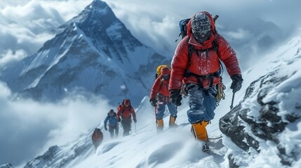 Mountaineers ascending an alpine peak. AI generate illustration