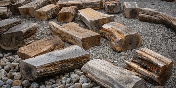 Close-up of weathered cut wood logs, displaying natural textures and patterns against a gravel background