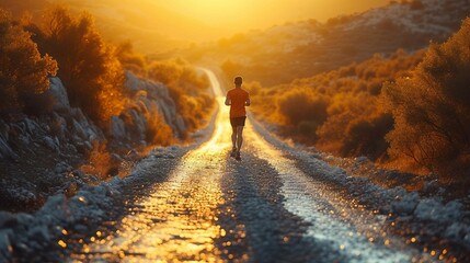 The endurance of a marathon runner emphasizing the long road ahead. AI generate illustration - obrazy, fototapety, plakaty