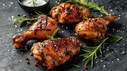 Tasty grilled chicken thigh or drumstick seasoned with salt and spices on a dark concrete backdrop - obrazy, fototapety, plakaty