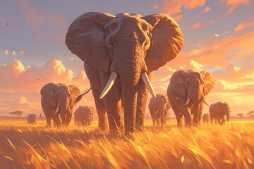 A herd of elephants walking towards the camera against an orange sunset sky. The elephant is big and has long tusks on its trunk. - obrazy, fototapety, plakaty