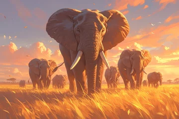 Foto op Plexiglas A herd of elephants walking towards the camera against an orange sunset sky. The elephant is big and has long tusks on its trunk. © Photo And Art Panda