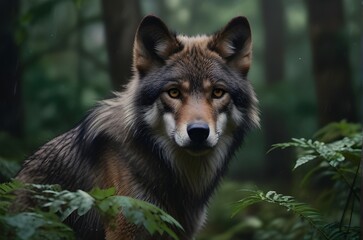 Illustration of a concentrated wild wolf looking at the camera in the rain in a leafy forest. Generative AI - obrazy, fototapety, plakaty