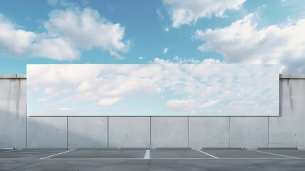 Obraz premium Long white empty vinyl banner fixed on concrete fence at parking lot on city street under blue sky with huge clouds : Generative AI