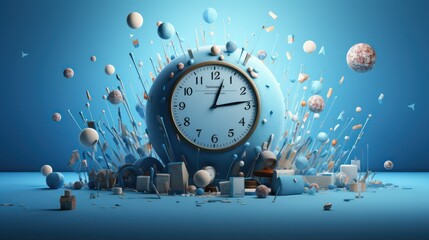 A blue clock with flying spheres in the background