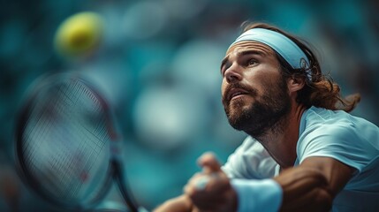 Precision and focus of a tennis player executing a backhand stroke against. AI generate illustration - obrazy, fototapety, plakaty