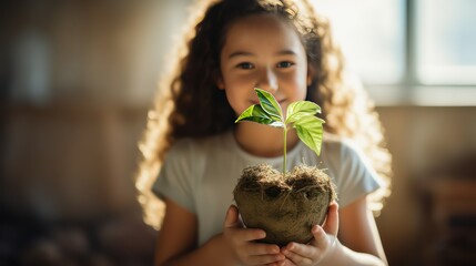 Cute little girl holding a seedling in a pot and smiling