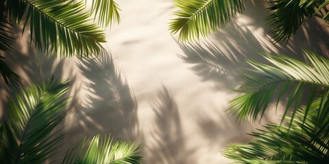 Soft shadows of palm leaves create an intricate pattern on a sandy beach, suggesting a serene tropical ambiance