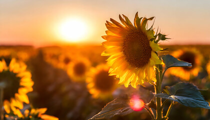 Sunflower fields on sunset time and copy space for text