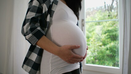 Expectant Mother at 8 Months, Tenderly Caressing Belly by Window, Serene Home View