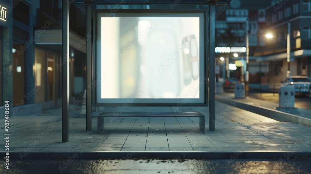 Poster Blank white mockup of bus stop vertical billboard in front of empty street background : Generative AI