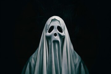 Fototapeta na wymiar Ghost covered in white cloth, shrouded in darkness, ambiguous symbolism