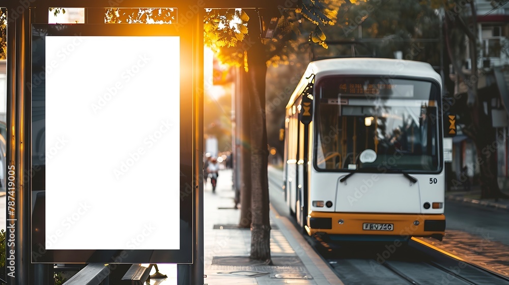 Poster white empty advertising banner at a public transport stop of a trolley bus in the city near the park