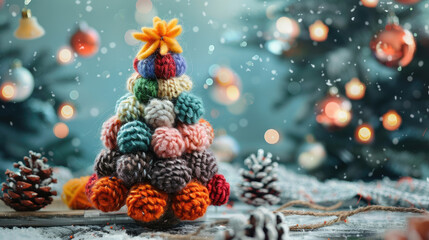 a studio shot of a Design fuzzy christmas tree multicolor 3D knitting embroidery