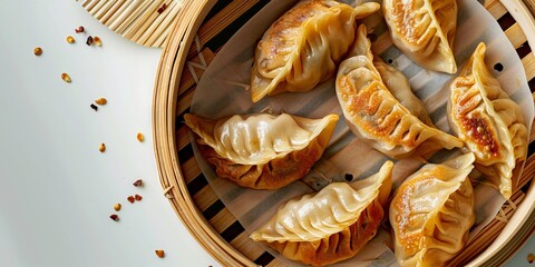 appetizer gyoza or dumplings with soy sauce, steamed in bamboo steamers. Generative AI