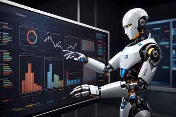 Businessmen touch automated data management systems to create reports with KPIs and indicators connected to the database. Data analysis with intelligent AI robot technology in business analysis