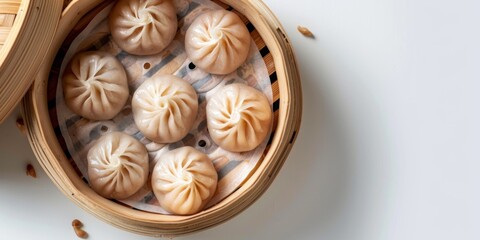 Chinese dumplings on a white background, top view. Chinese dumplings in a bamboo cup. Generative AI