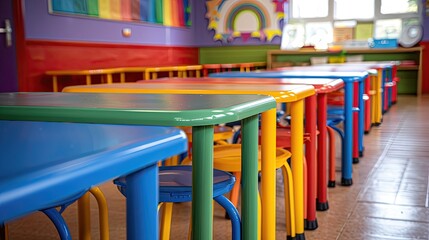 A classroom with many colorful chairs and tables